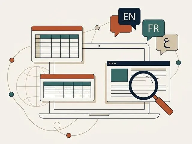 Illustration of remote business support: a laptop with spreadsheets, a web page under a magnifying glass for research, and chat bubbles in English, French and Arabic